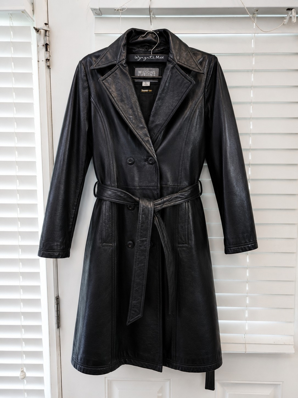 Wilsons Leather Black Leather Double-Breasted Trench with Belt